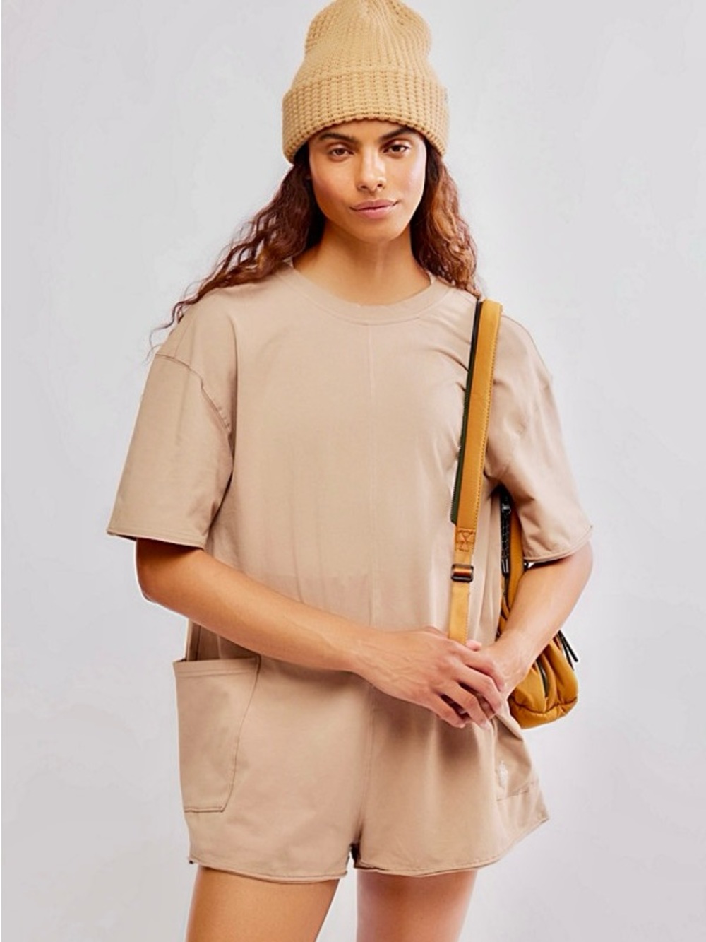 NWT Free People x FP Movement Hot Shot Tee Romper in Mocha Latte